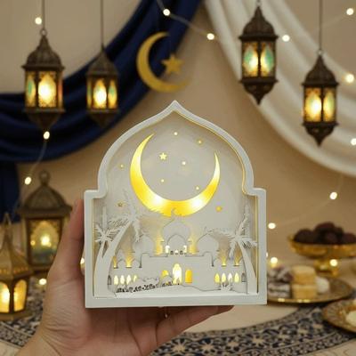 Creative Eid Desktop Ornament Moon LED Night Light Ornament Carved House-shaped Design Crafts Eid Wooden Decoration for Gifts