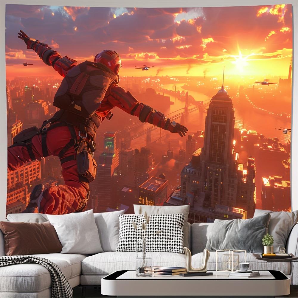 High Resolution Cyberpunk Superhero Action Tapestry Wall Decor Large Sci-Fi City Sunset Art Print Room Hanging Poster 180x280cm