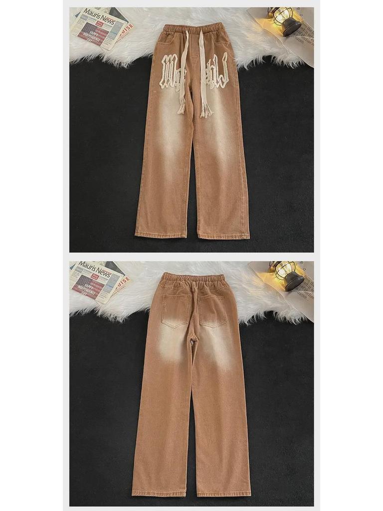 Męskie modne dżinsy proste na każdą porę roku z haftem