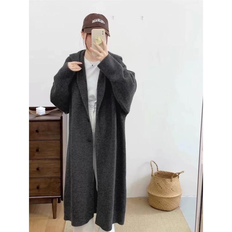 Ленивый длинный вязаный кардиган с капюшоном для женщин, осенний женский свитер длиной до колена, длинная куртка для женщин, удобная, универсальная и модная One Size серый