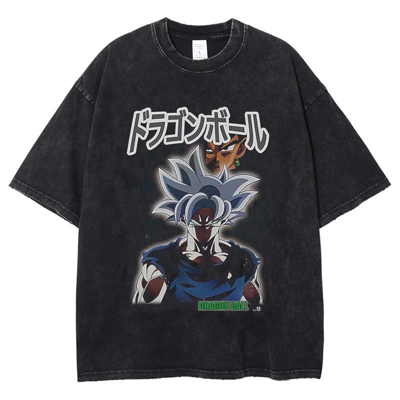 Men Fashion Tshirt Washed Black Vintage Japanese Anime Dragon Ball TShirt Hip Hop Streetwear Summer Cotton T Shirt Unisex