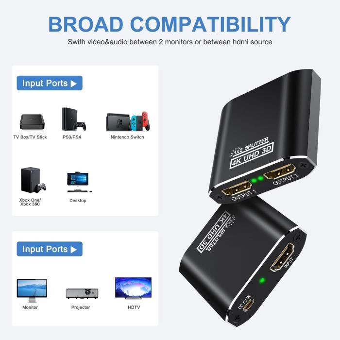 Répartiteur HDMI - PUPOW - 1 Entrée 2 Sorties - 4K 60Hz - Aluminium - Affichage Simultané