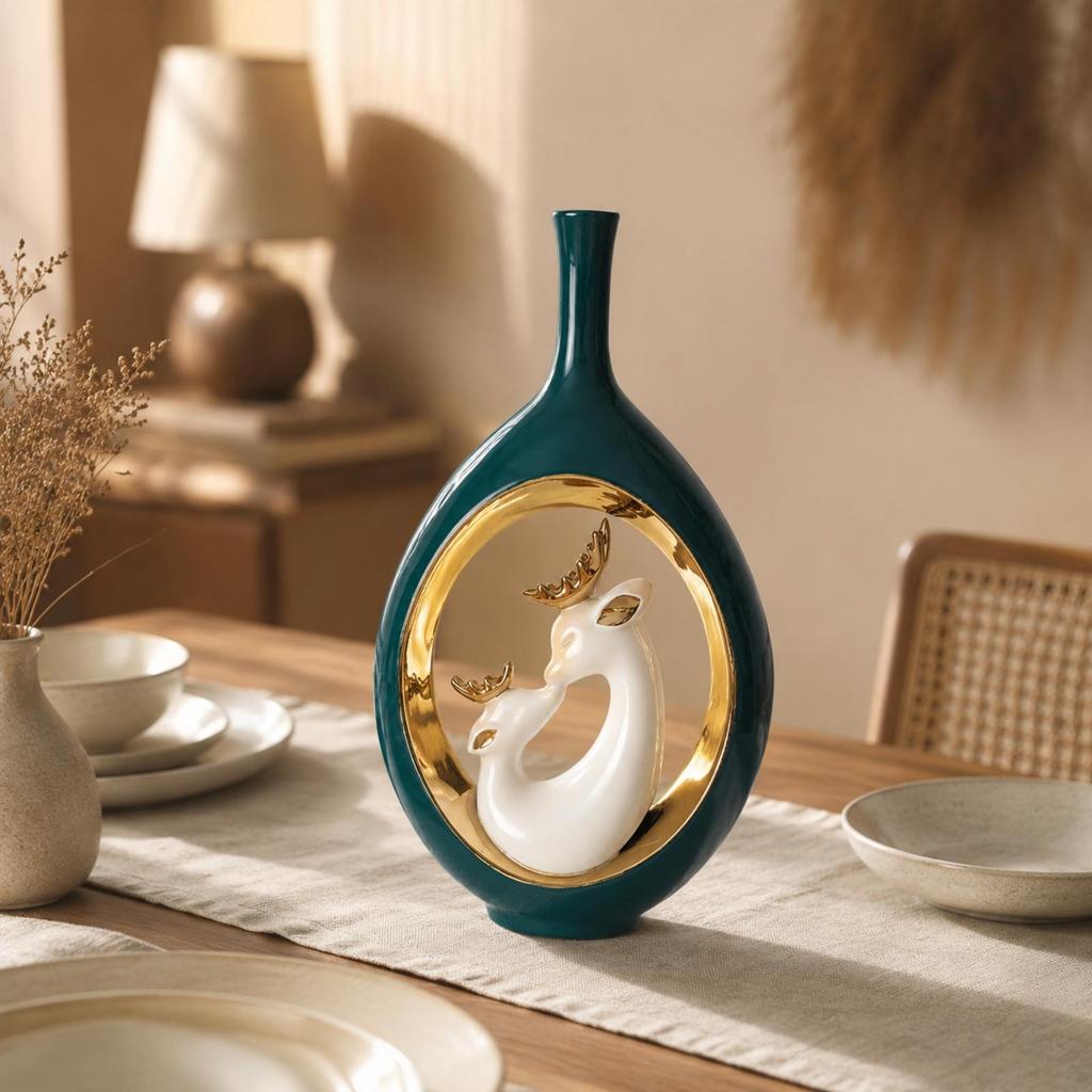 Ceramic Vase Forest-Inspired-Inspired with Gold-Toned Oval Inset Rustic