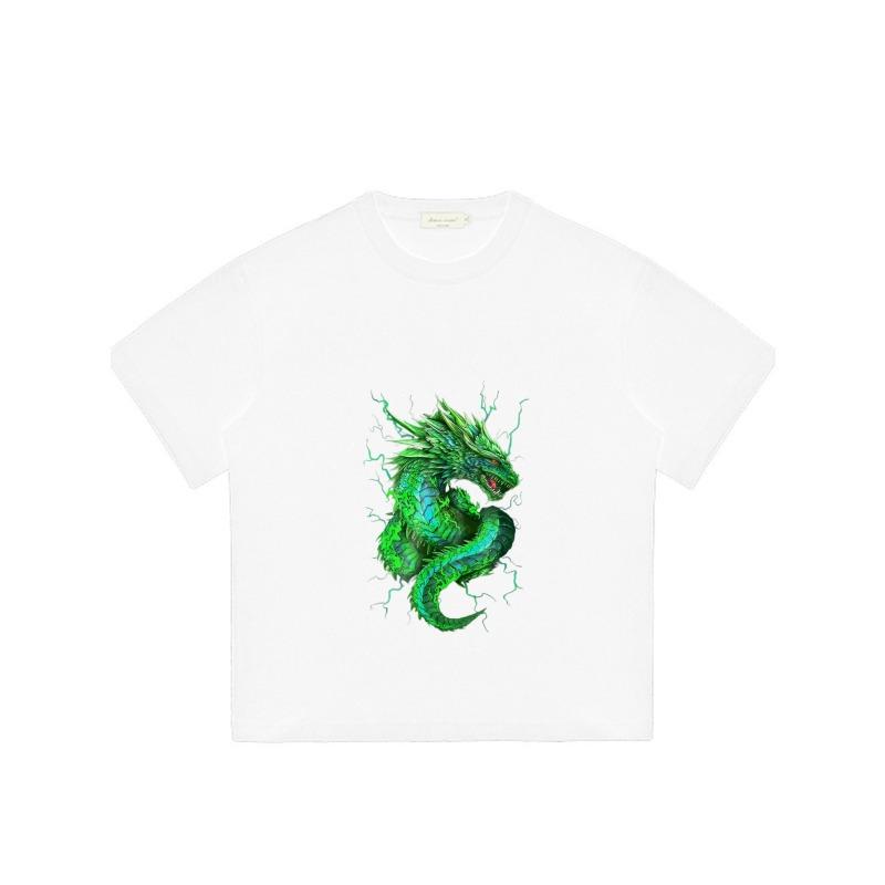 Rundhals T-Shirt Weiß Grüner Drachen-Print Freizeitkleidung