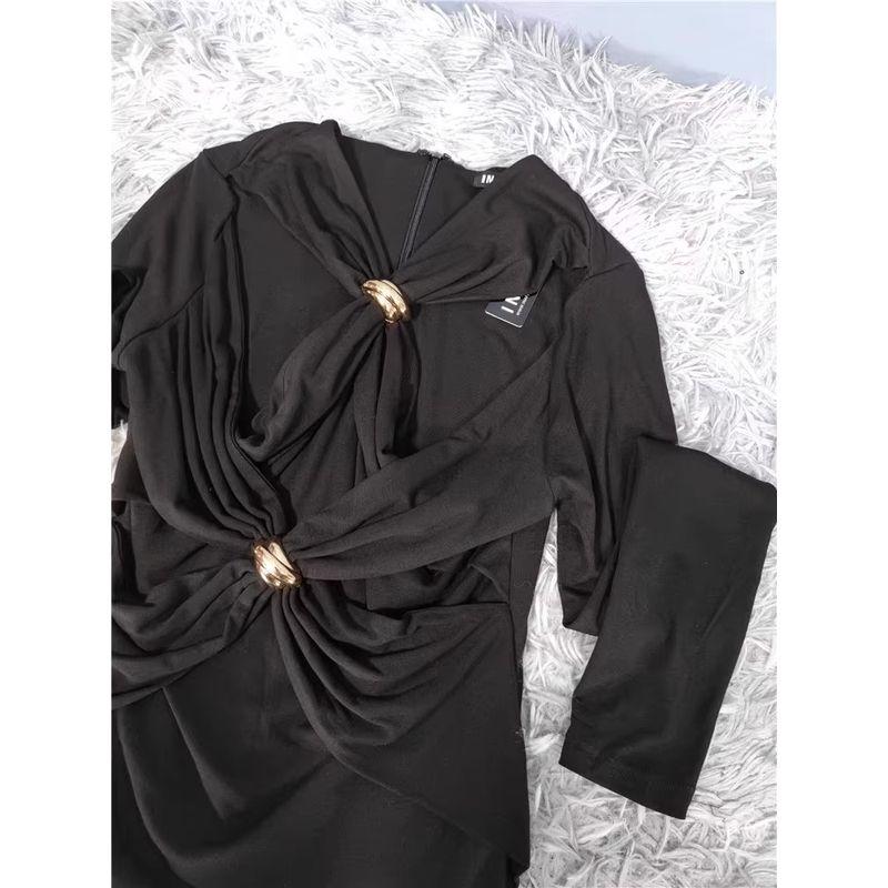 Foreign Trade Order In Home Sexy Gyaru Style Cross Kinked Metal Buckle Open Collarbone Design Long Sleeve Top Tight T-shirt