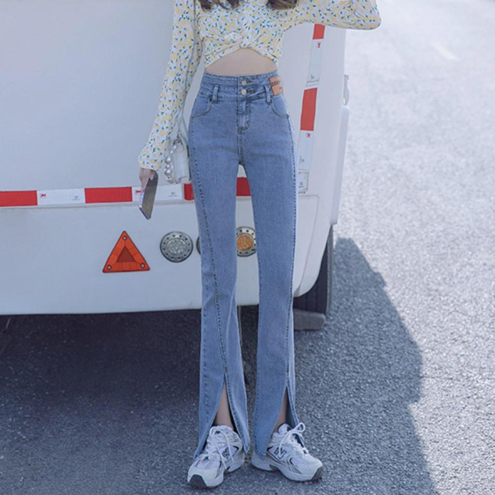 Spodnie dzwony z wysokim stanem, elastyczne, dopasowane, z rozcięciem, proste, tubowe, opadające