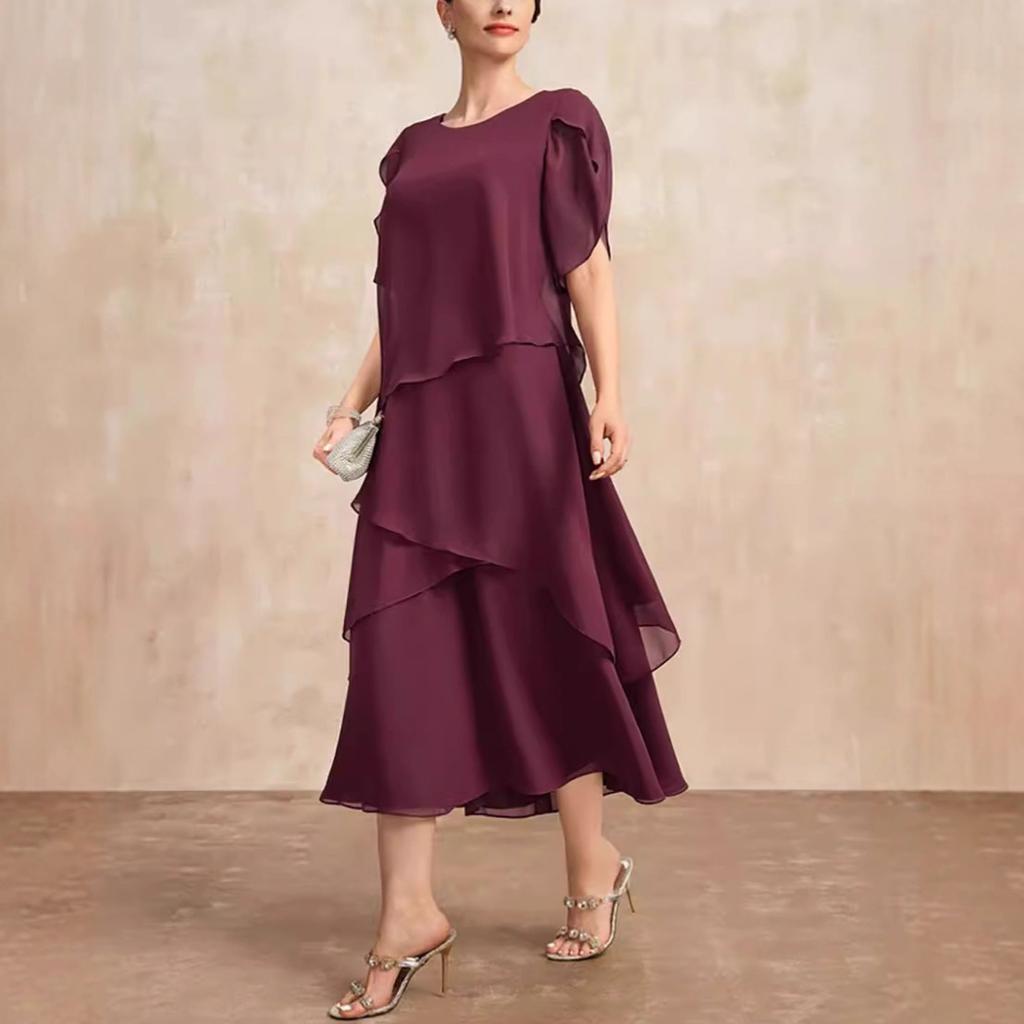 Abito midi a balze da donna con scollo rotondo, maniche a sbuffo, orlo asimmetrico, abito in chiffon tinta unita