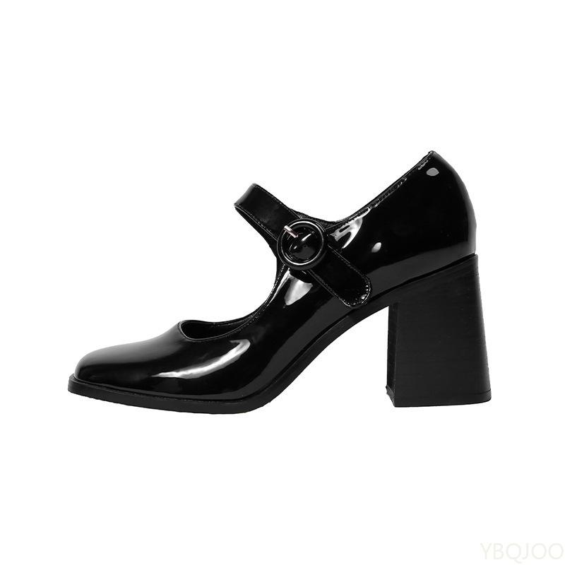 Fashion Thick Heeled Square Toe Women's Shoes Black High Heels with a Single Button Thick Heels Simple Versatile Comfortable Single Shoe
