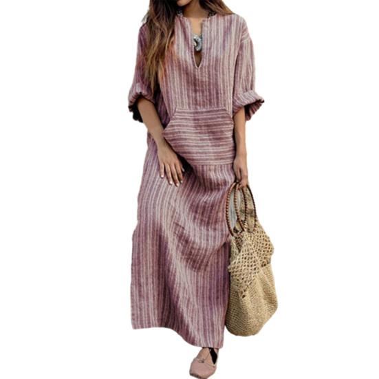 Damen Sommer Boho Gestreiftes Baumwoll-Leinenkleid Lässig Kurzarm Strand Maxikleid mit Vordertasche