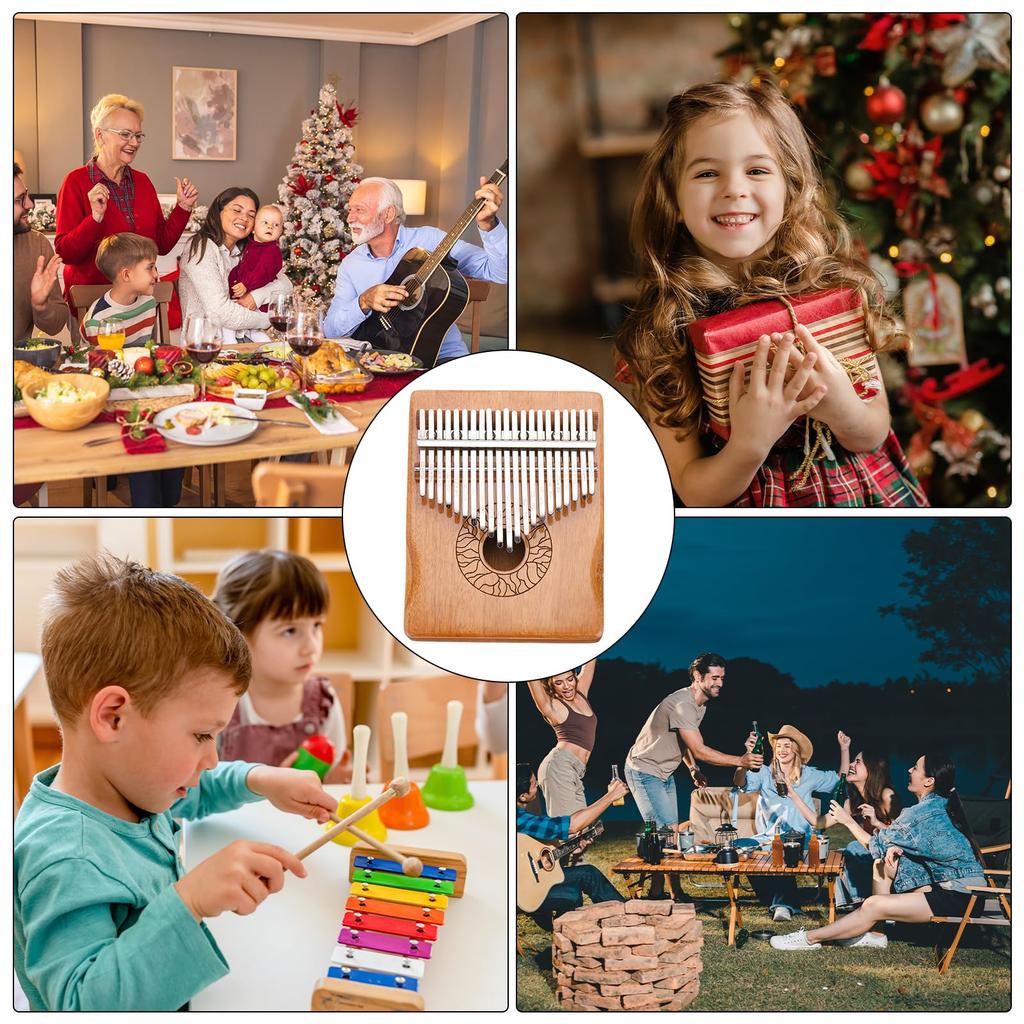 uxcell 21-Key Thumb Piano, Brown Mini Portable Finger Piano, Solid Koa Wood with Floral Handrails, Tuning Hammer, and Gift Sheet Music Learning