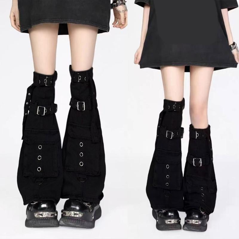 Womens Punk Denims Flared Leg Warmers Eyelets Buckled Strap Pocketed Cargo Boot Cover Over Knee Stockings Streetwear