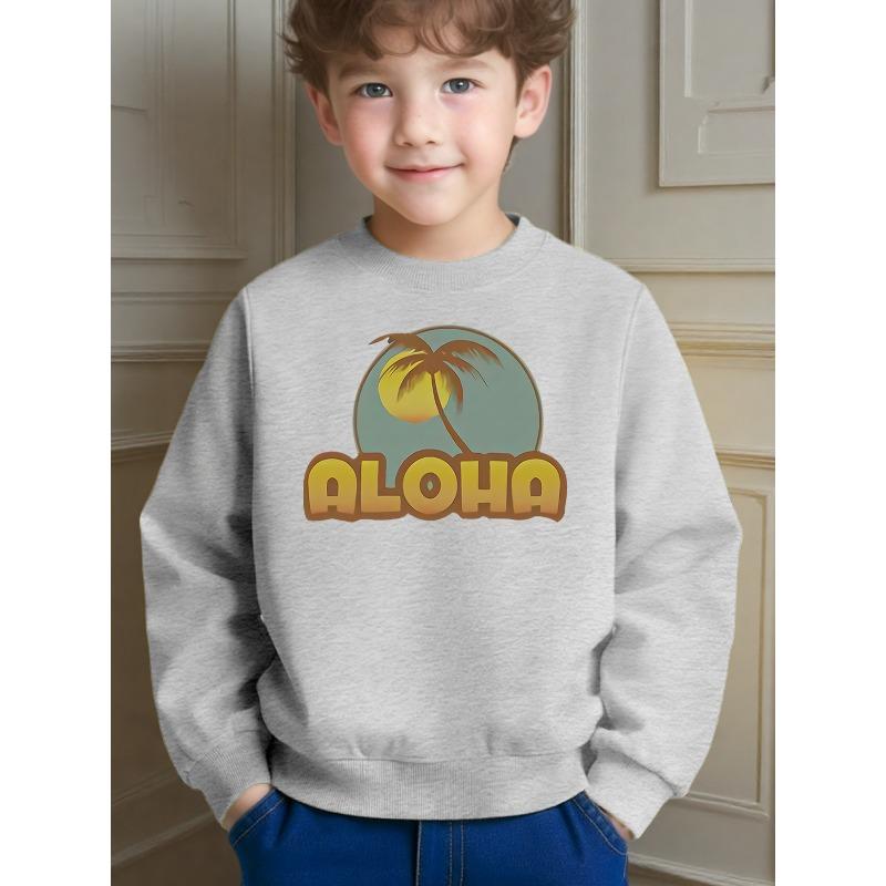 Casual Childlike Coconut Tree and Sun Printed Crewneck Sweatshirt for Kids Daily School and Leisure Activities
