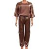 2 pezzi/set donna top pantaloni tuta raso superficie liscia mezze maniche scollo a V maglietta larga allacciatura pantaloni di colore puro con tasche signora casual tuta pantalone