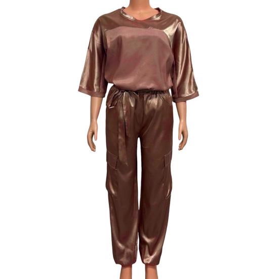 2 pezzi/set donna top pantaloni tuta raso superficie liscia mezze maniche scollo a V maglietta larga allacciatura pantaloni di colore puro con tasche signora casual tuta pantalone