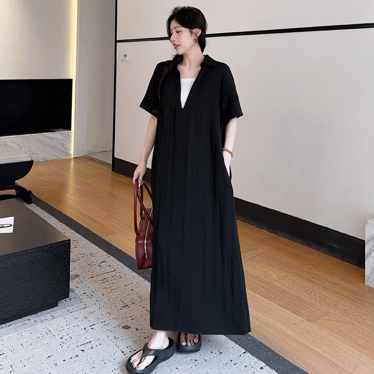 DIMANAF 2026 Plus Size New Black Dress Summer Women Shirt Dress Loose Beach Casual Long Dresses V-Neck Elegant