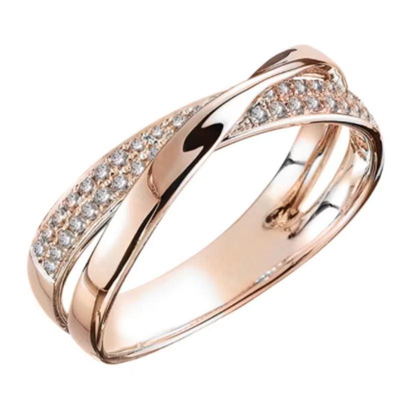 Two Tone Criss Cross Ring with Paved Cubic Zirconia, Intertwined Band Promise Ring for Women, Fashion Wedding Jewelry