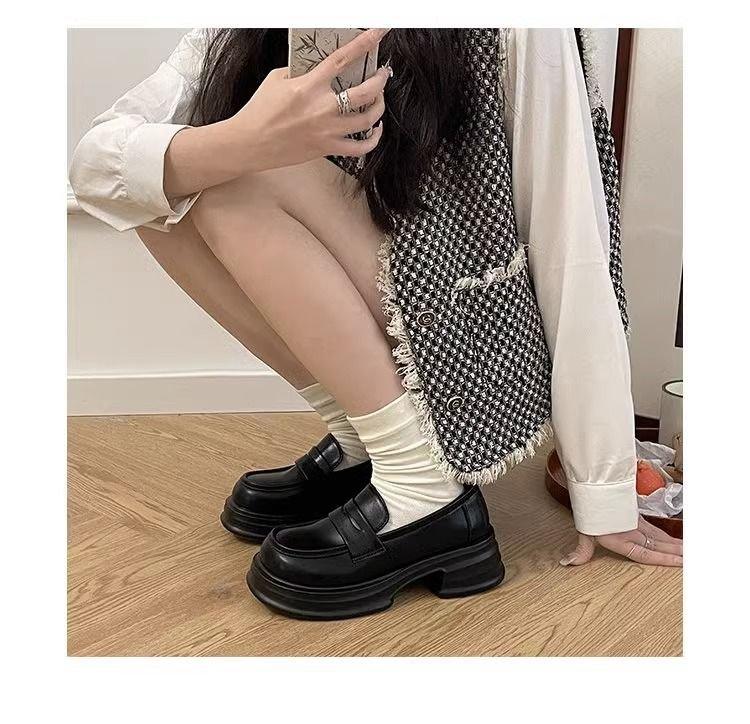 Black Work French Platform Loafers Women's 2025 New Spring Versatile Thick-heeled Single Shoes British Style Small Leather Shoes