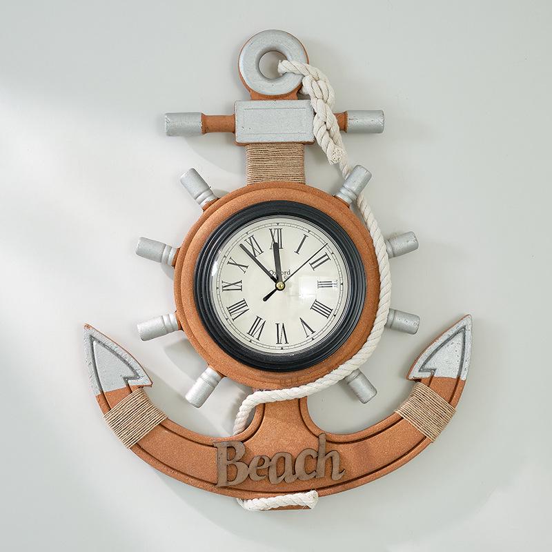 Vintage Mediterranean Ship Wheel Wall Clock - Distressed Wooden Decor for Living Room or Bar