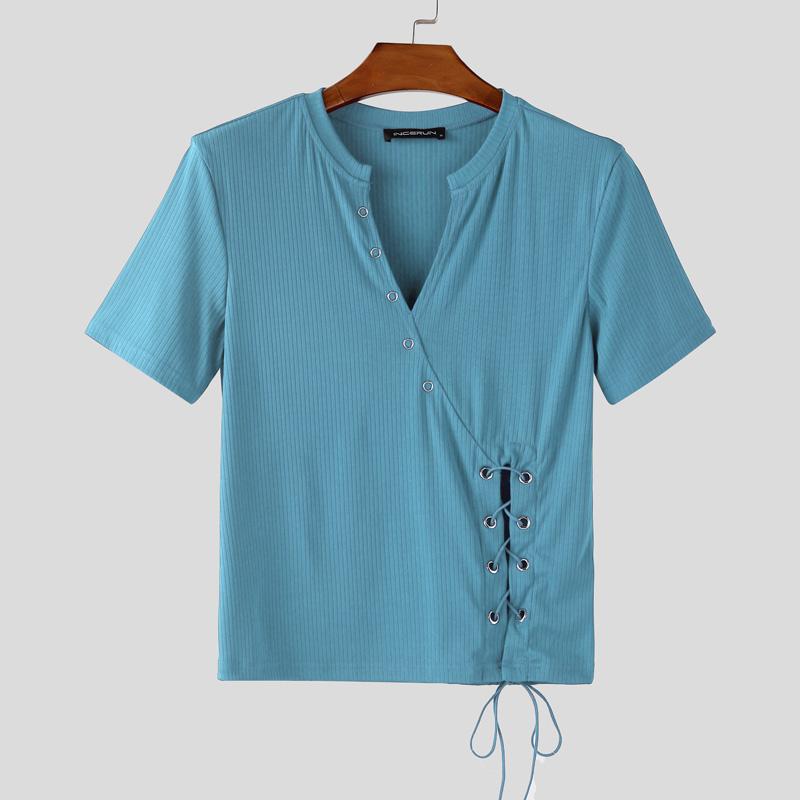 INCERUN Men V Neck Short Sleeve Bandage Rib Casual Fitted Short T-shirts Tops