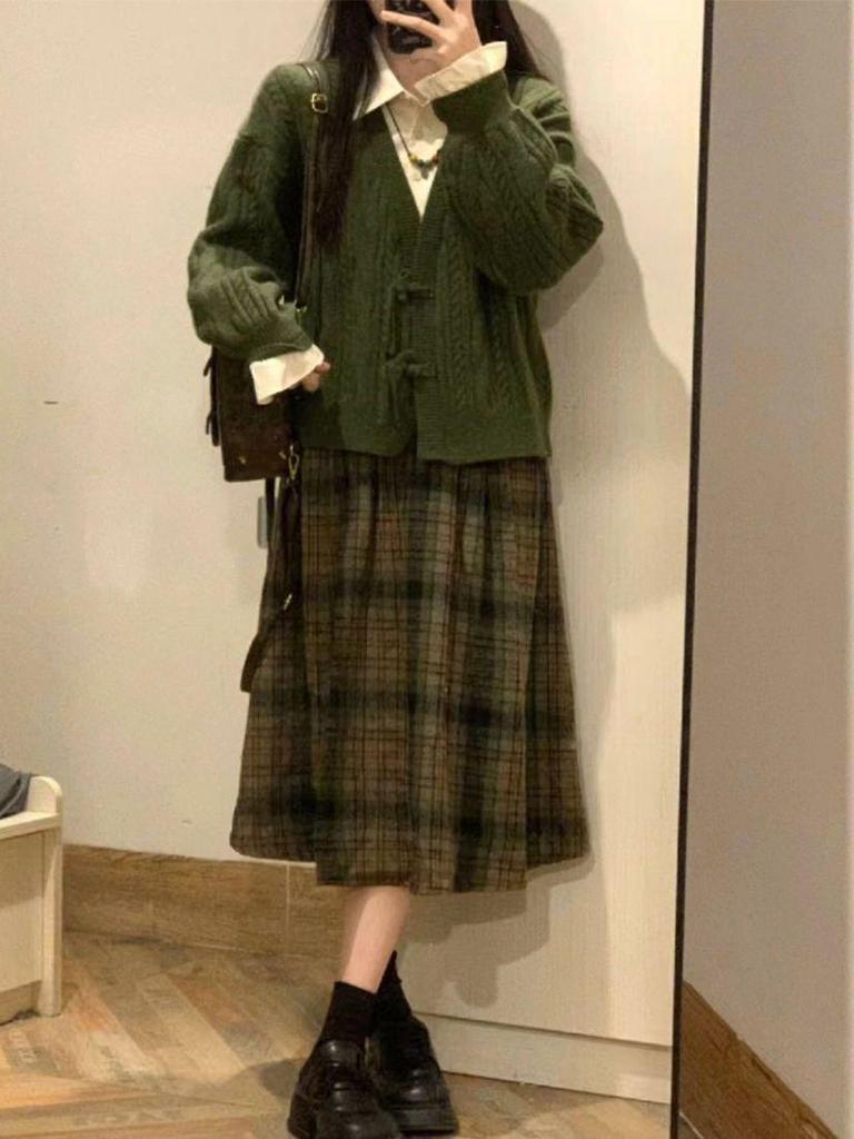 2025 Retro Mori Kostkovaný Vlněný Směs Dvou dílný: Šaty zeštíhlující pas pro studenty, Podzim/Jaro