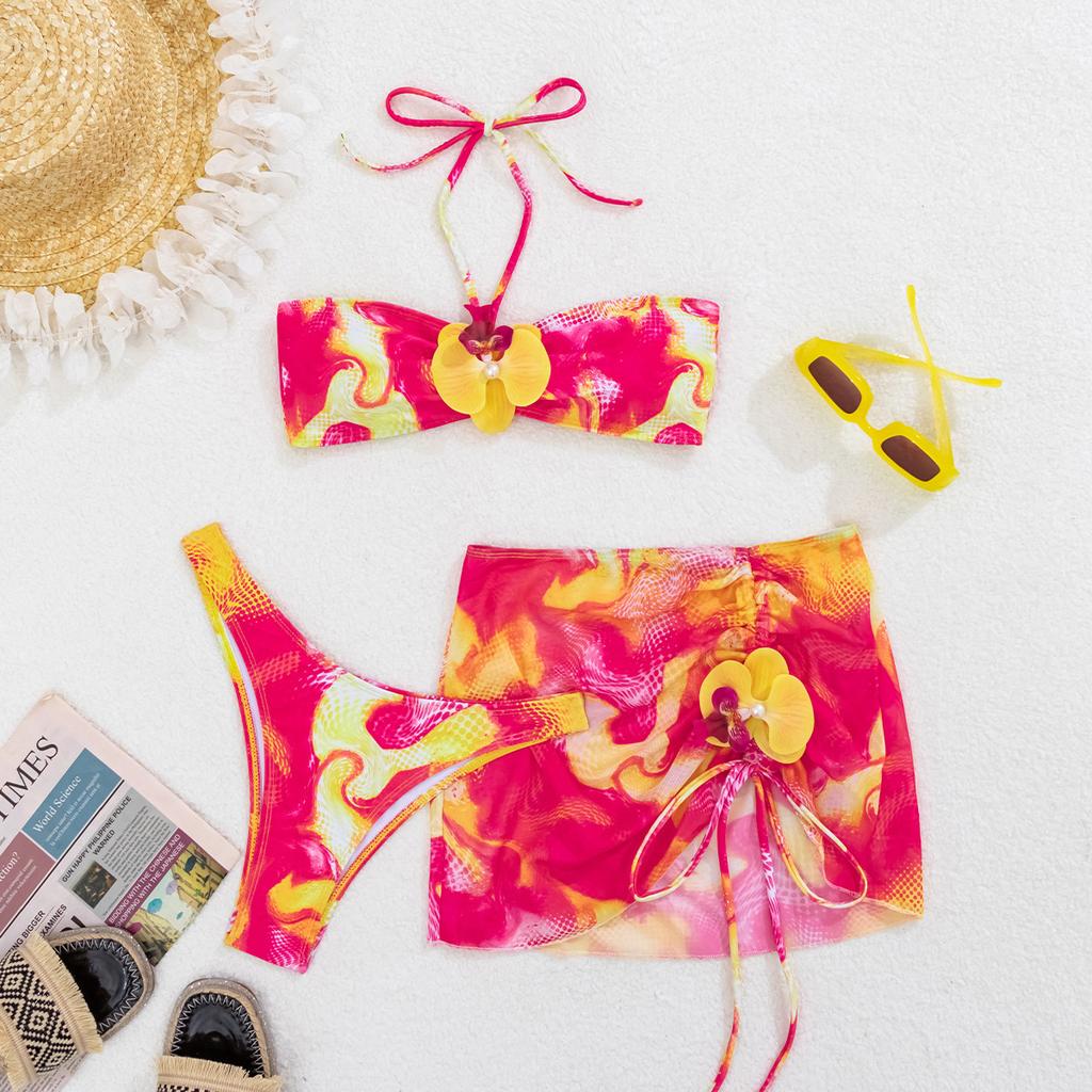 Popular Printed Tube Top Strap Split Three-Piece Set New European And American Bikini Women'S Swimsuit Swimsuit