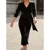 QICED Women's Fashion Summer Spring Solid Color Print V-Neck Long Sleeve Casual Dresses