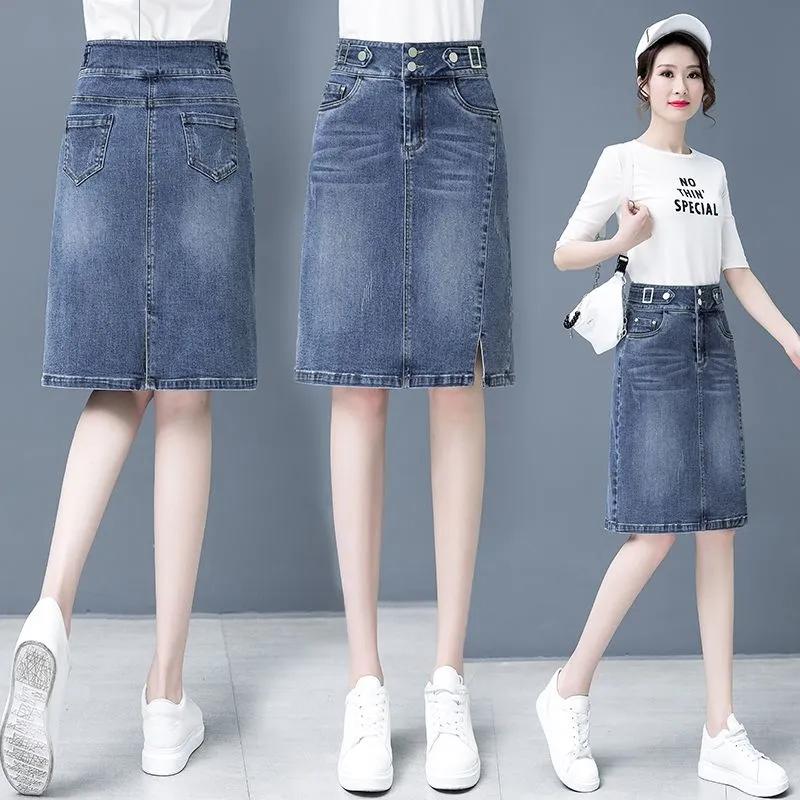 Frühling Sommer Übergröße Rock für Damen Hohe Taille Große Größe Schlitz Jeansröcke Schlank Femme