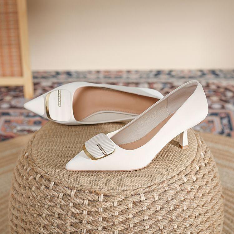 Metal Square Buckle Black High Heels Women's Slim Heels Professional Shoes Pointed Single Shoes