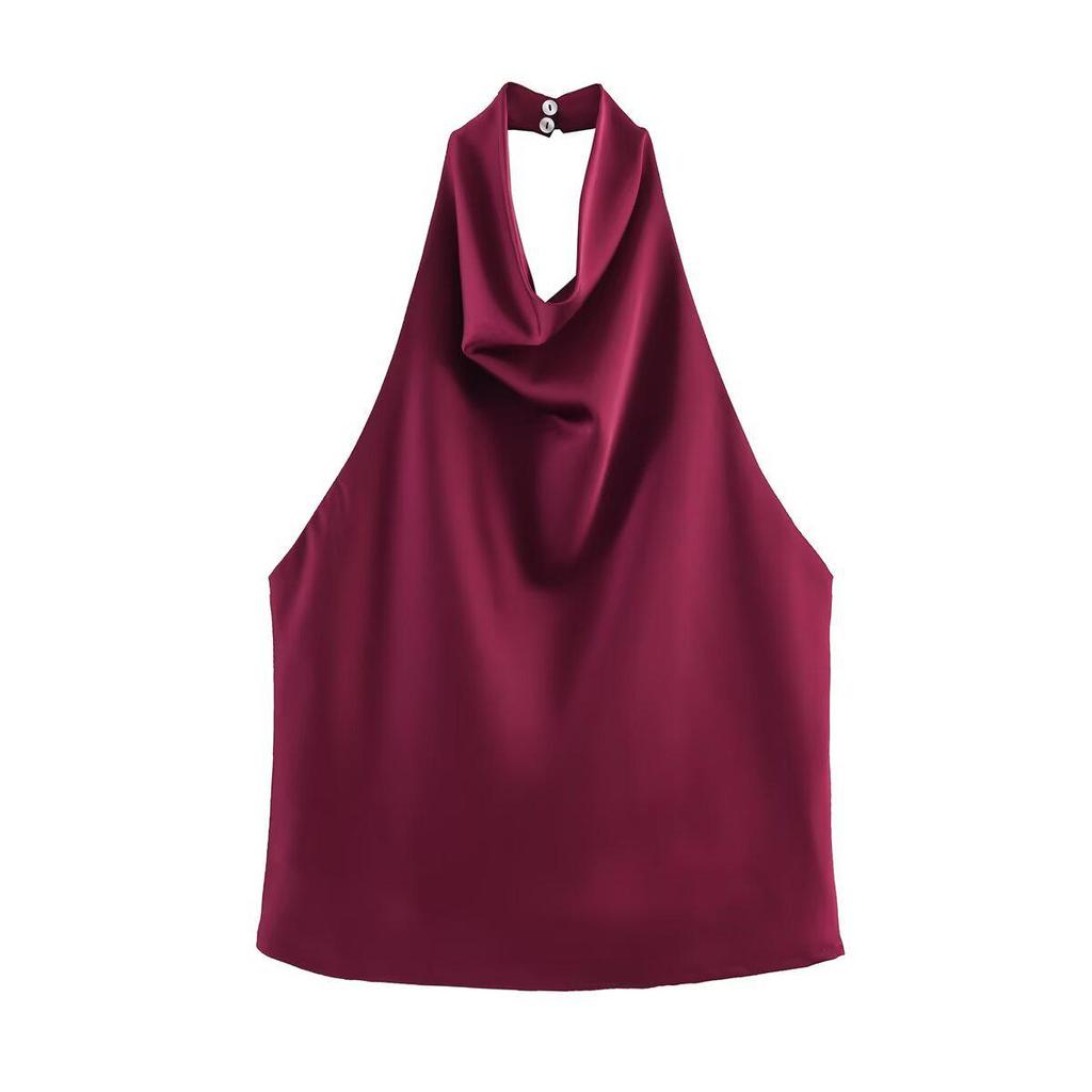 Sophisticated 2025 Summer Silk Satin Halter Neck Top – European & American Style