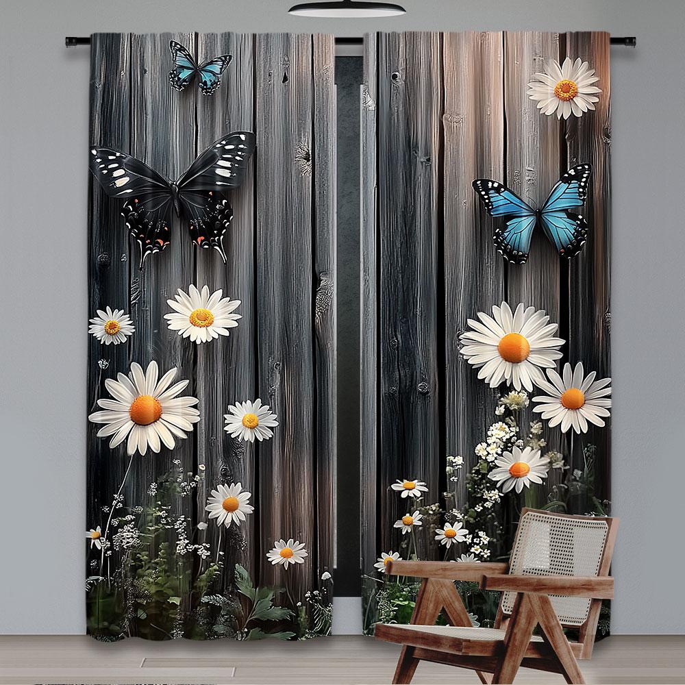 Set Of 2 Modern Floral Butterfly Wooden Board Pattern Curtains Suitable Bedroom Bathroom Living Room Dining Study Curtain For Sitting Made Polyester