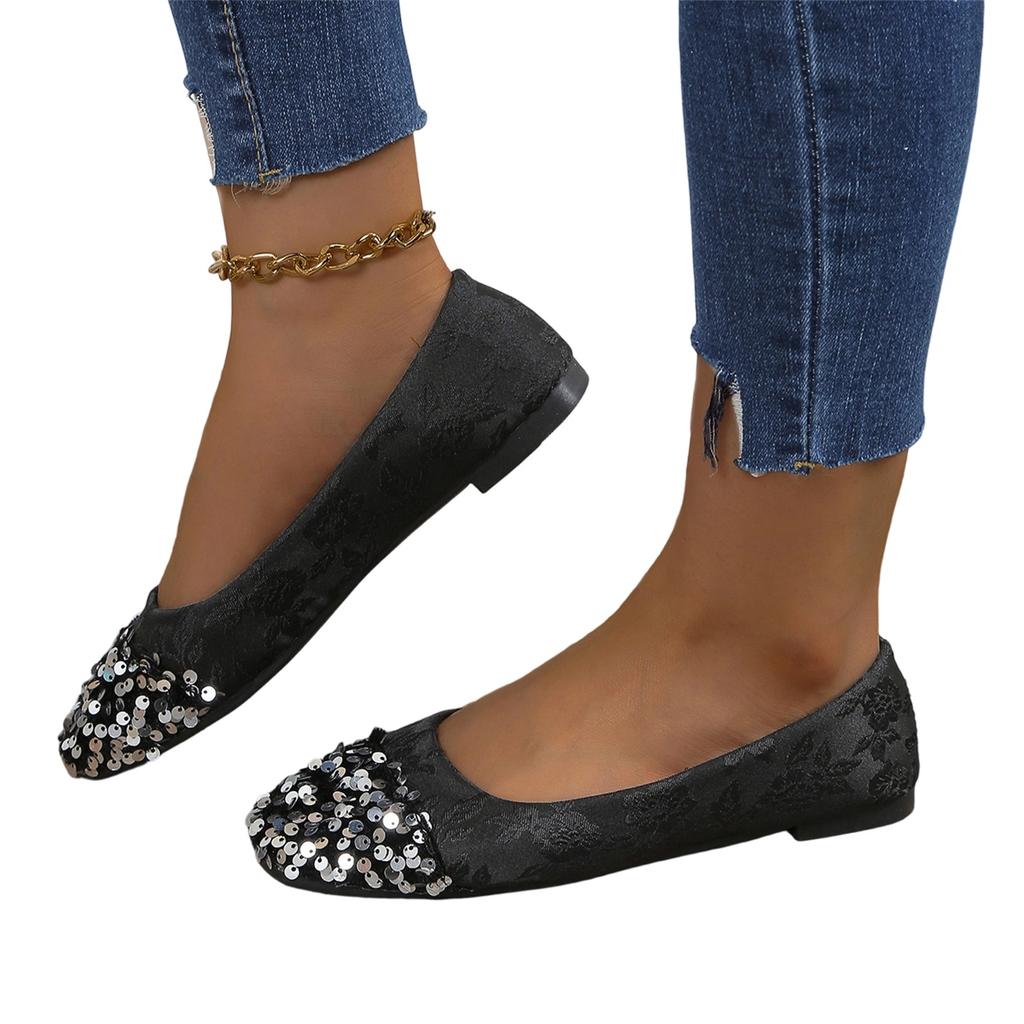Women's Fashion Large Size Sequin Pointed Toe Casual Flats Slip On Comfortable Lightweight Flexible Sole Stylish Design