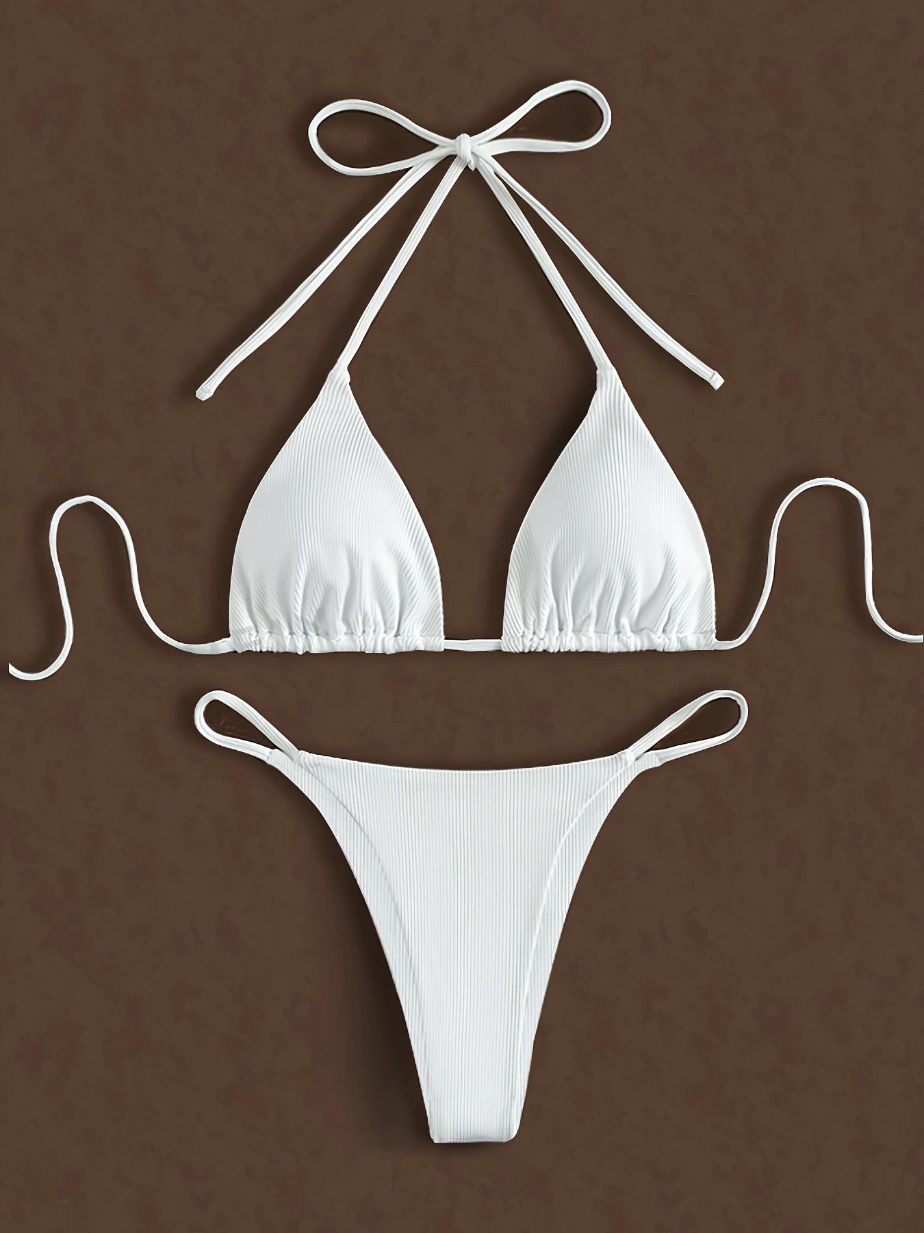 

2025 Лето Женский Разноцветный Купальник Бикини Халтер на Шнуровке - Европейский и Американский Стиль Extra Large белый