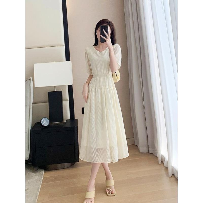 French Style Summer Dress for Petite Women Chiffon Slim Fit Round Neck Elegant Knee Length Flowy Dress