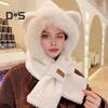 Women Winter Integrated Hat And Scarf Thick Fleece Warm Cartoon Fox Ear Decor Windproof Full Protection Outdoor Travel Cold Weather Snowboarding