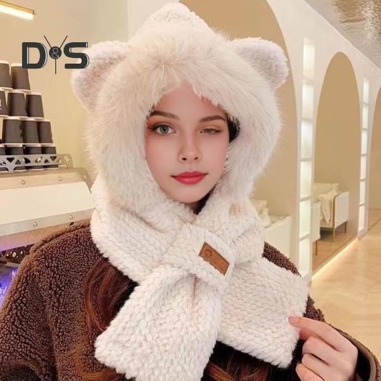 Women Winter Integrated Hat And Scarf Thick Fleece Warm Cartoon Fox Ear Decor Windproof Full Protection Outdoor Travel Cold Weather Snowboarding