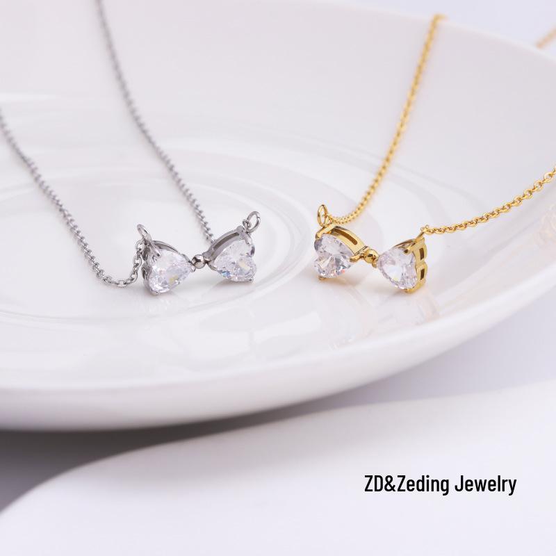 Cross-border European-American Simple Luxury Zircon Bow Pendant Necklace