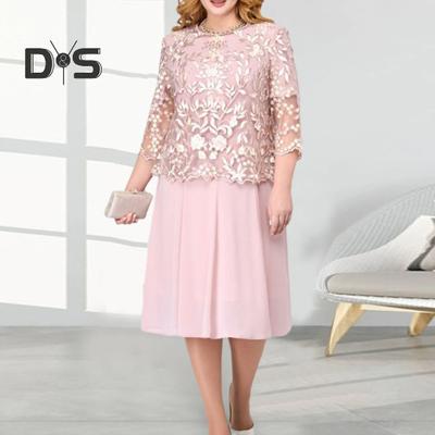 2Pcs/Set Women Plus Size Party Outfit O Neck Short Sleeve Loose Hem Midi Dress Hollow Out Embroidery Lace Floral Cover Up Shawl Set