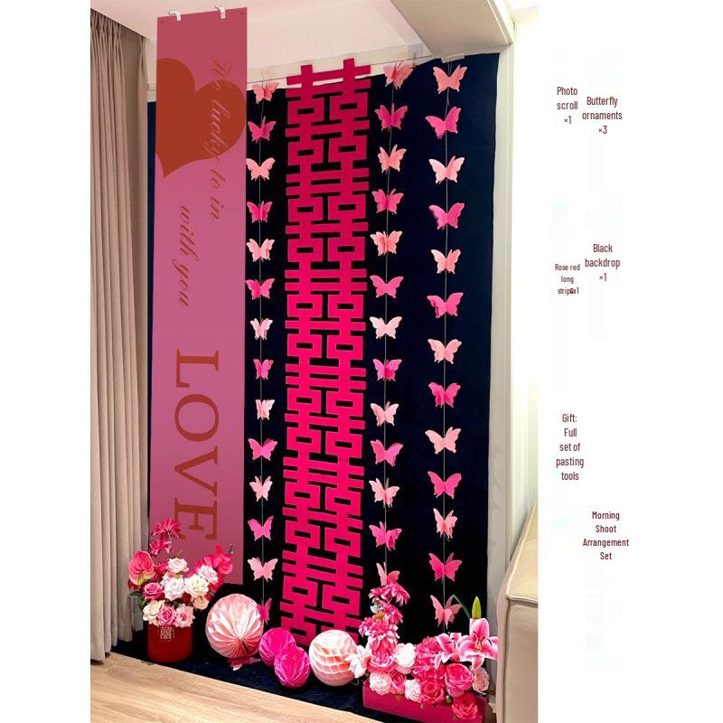 3D Butterfly Wedding Room Decoration Set: Double Happiness Curtains and Pull Flower Ornaments