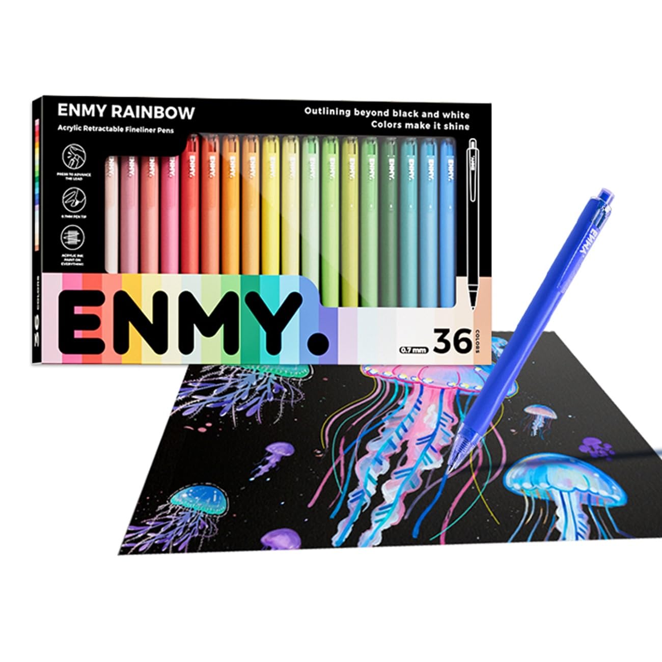 ENMY Extra Fine Pens Acrylic Finer Suitable for Drawing Lines on Black Coloring Books 36-Color Set, (0.7mm), Liner, Water-Based, Paper, Art, Comics,