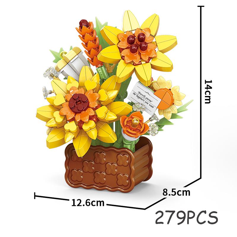 Rose Eternal Flower Basket Potted Plants Mini Particle Building Block,DIY Sunflower Flower Ornament Assembled Toy,For Kids Gifts