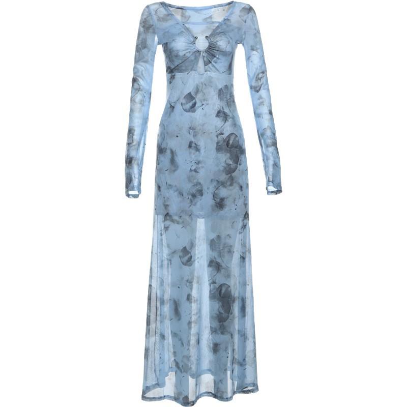 Autumn blue vacation scheming hollow V-neck dress femininity smudging slim slim spice girl long dress