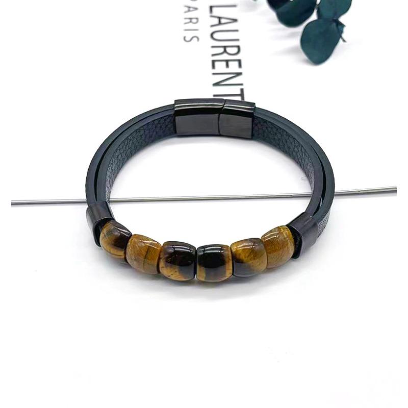 Men's Leather Tiger-eye Stone Bracelet with Leather Stainless Steel Clasp - Vintage Jewelry