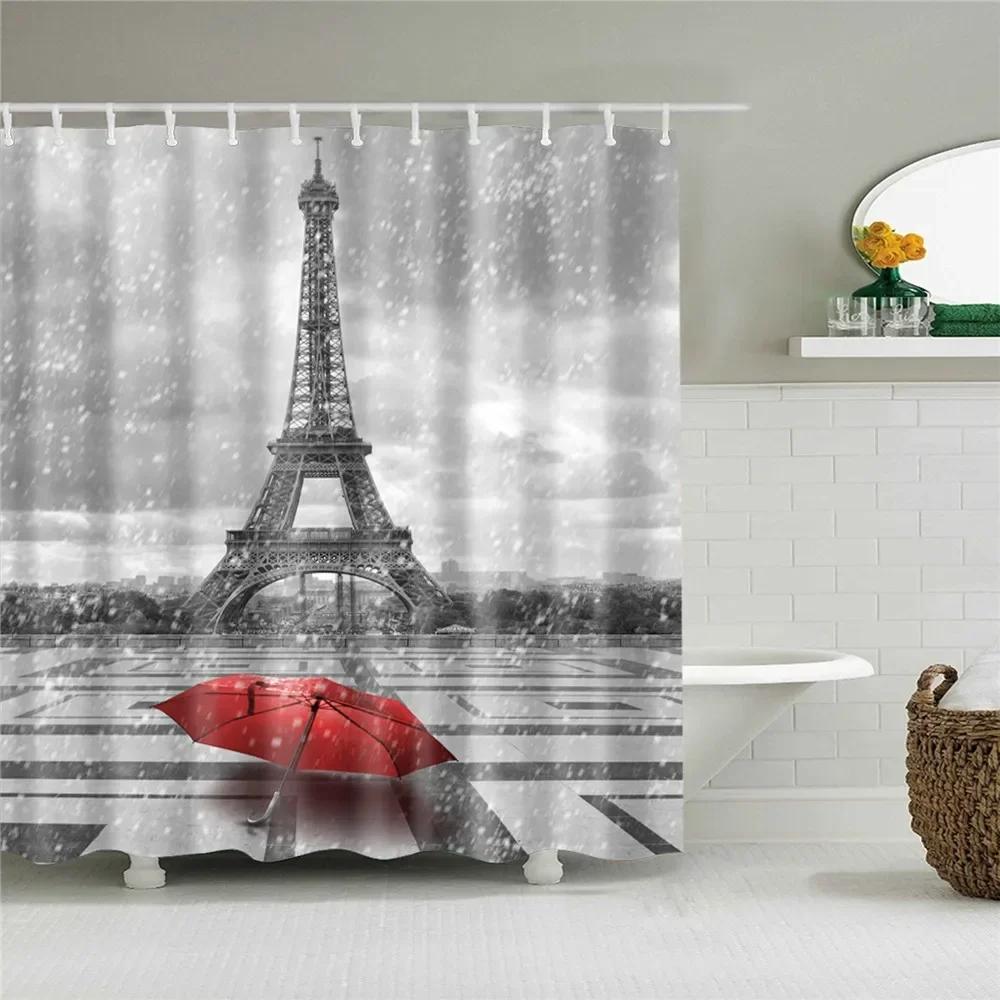 Paris Eiffeltornet Tryck Badrum Duschdraperi Vattentät Badrumsinredning Gardiner Bergskog Badrumsgardin Med Krokar