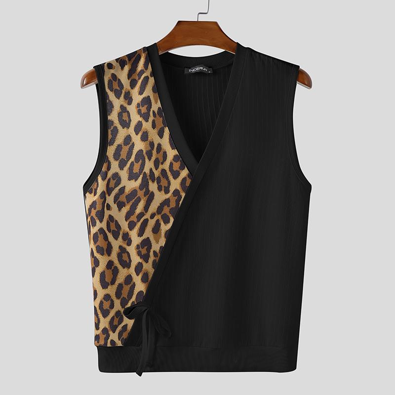 

INCERUN Men V Neck Sleeveless Leopard Print Patchwork Casual Rib Tank Tops 2XL