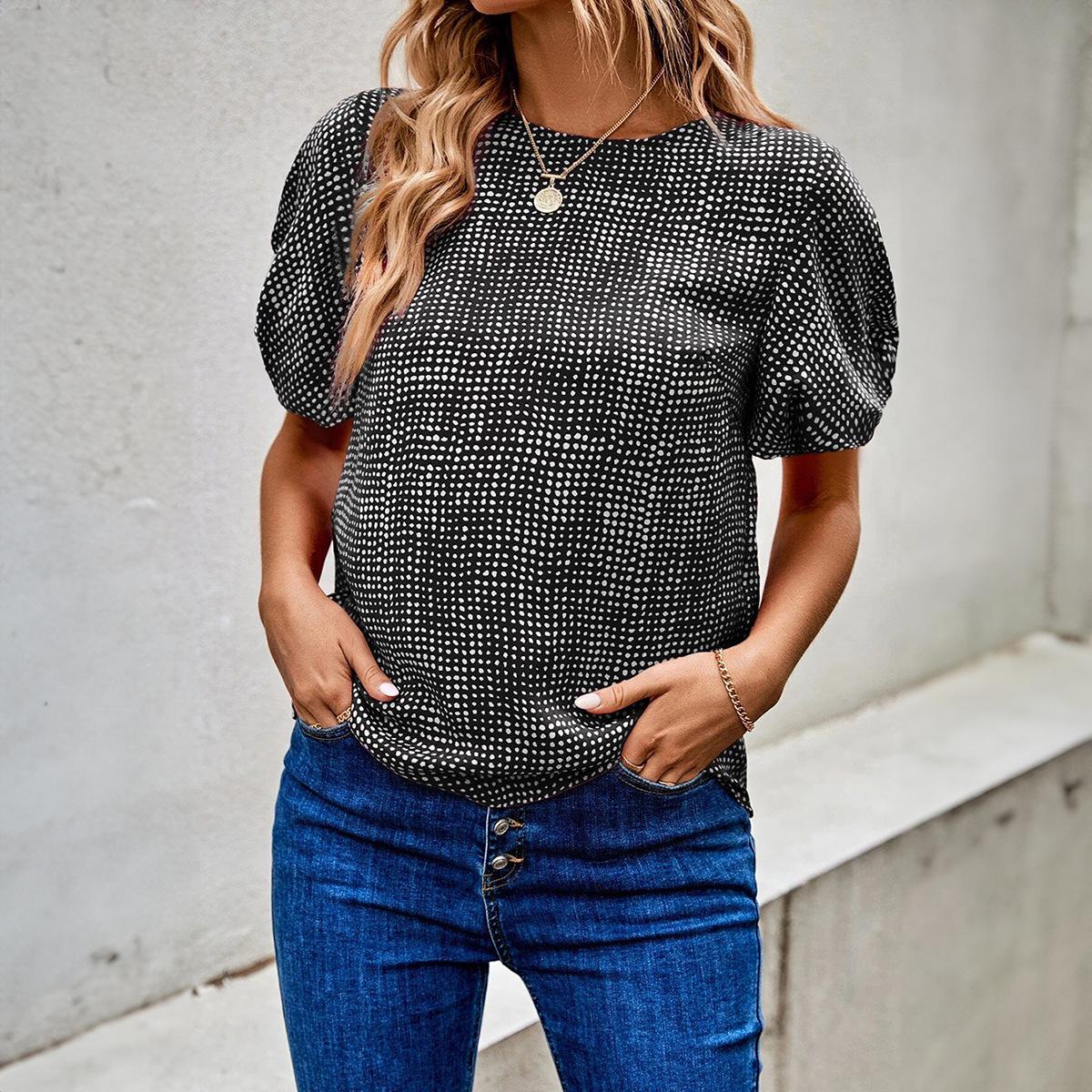 

Shiying Spring/Summer Plaid Bubble Sleeve Women s Pullover Small