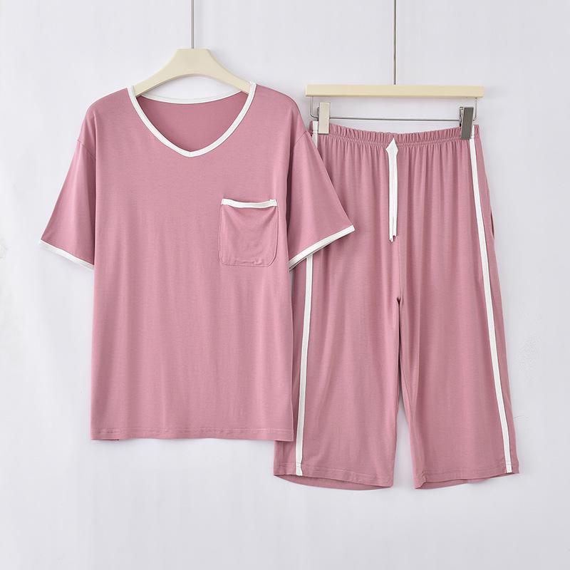 

Женский пижамный комплект на весну-лето с V-образным вырезом - Модальная футболка с коротким рукавом и брюки длиной пять восьмых, удобная и свободная домашняя одежда 2XL [140-160 lbs]