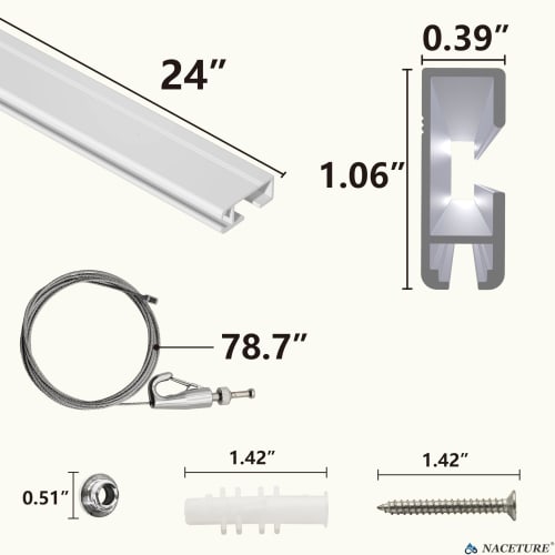 Picture Rail Wall Mounting System (Concealed Type) ? Art Display Rail Set (4 x 60cm Rails, 4 x 2m Wire Hooks, Mounting Hardware, and Track Caps)
