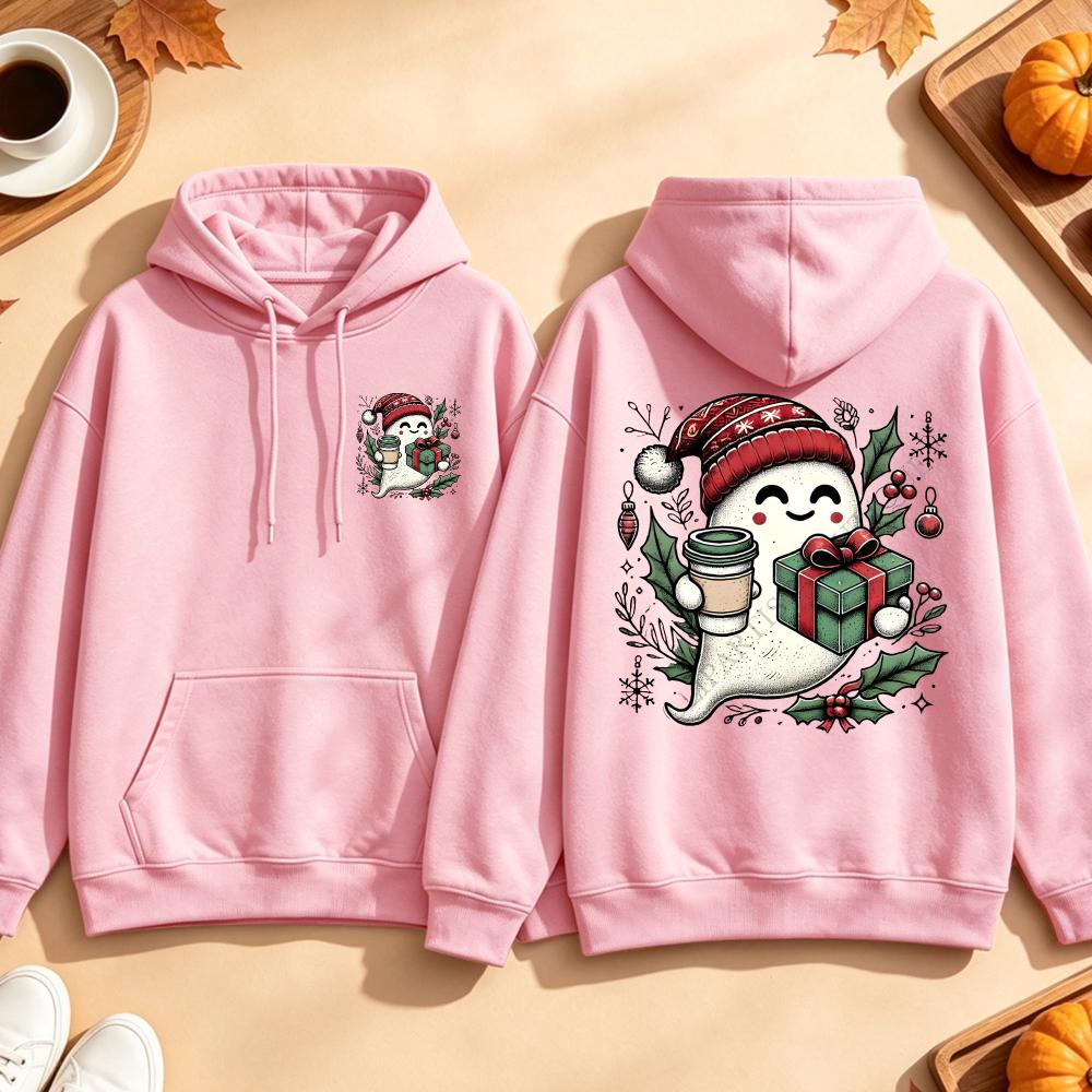 Cute Ghost Coffee Christmas Sweatshirt Santa Hat Gift Graphic Pullover Spooky Xmas Casual Loose Tops Men Hoodies Women