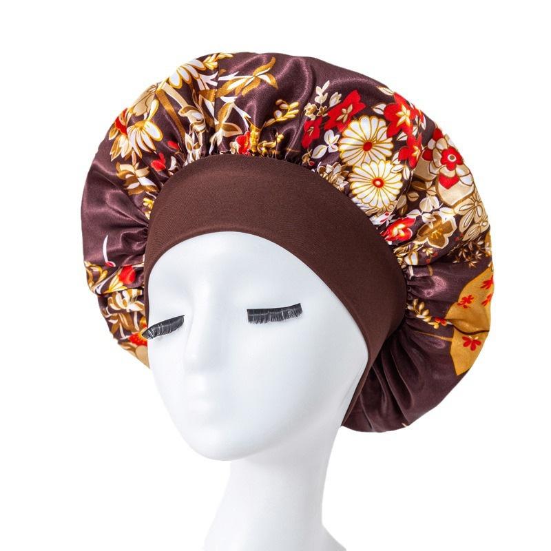 European American Print Satin Sleep Cap - Wide Brim Silky Hair Protection Hat for Women