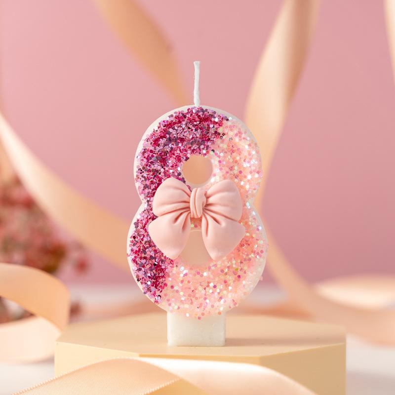 Creative Sequin Pink Bow Color Block Candle Anniversary Digital Birthday Cake Candle Decoration